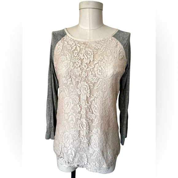 Market & Spruce Bernadette Lace Overlay Raglan Top, lace baseball tee size small - Picture 2 of 10
